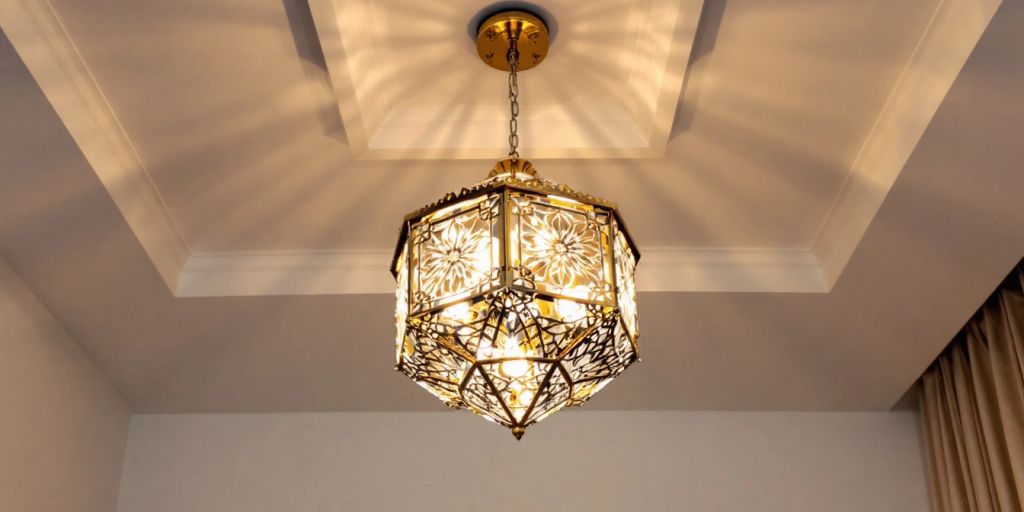 Geometric chandelier with metallic and glass elements.