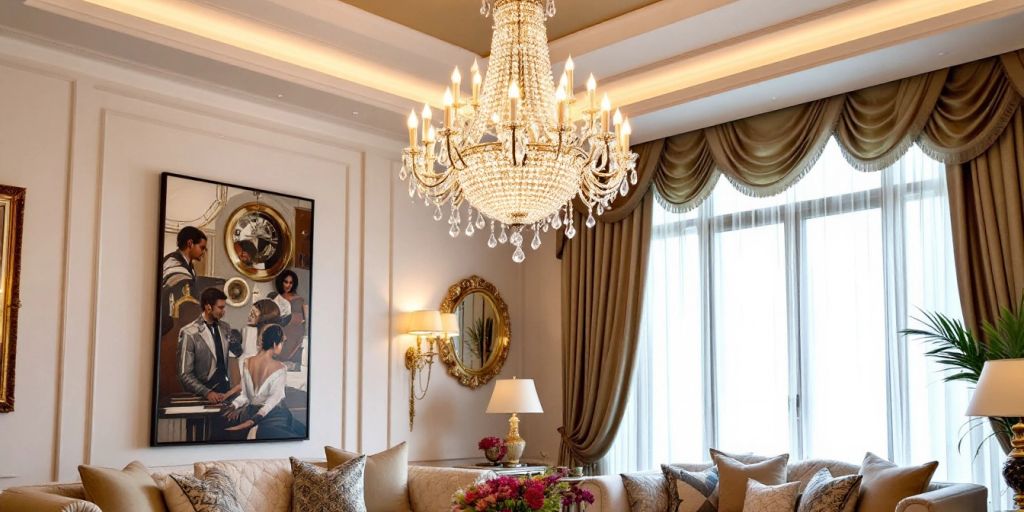 Elegant chandelier in a high-ceiling living room.