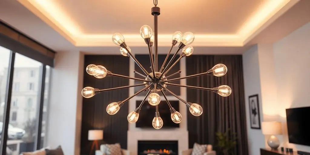 Stylish Sputnik chandelier in a modern living room.