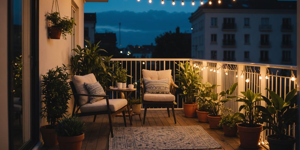 Cozy balcony with plants, seating, and string lights.