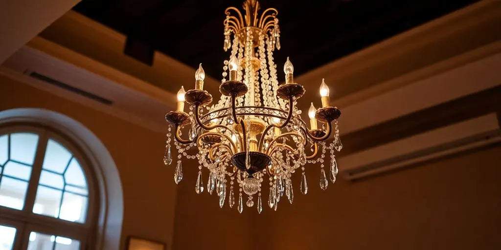 Elegant chandelier illuminating a stylish room with warm light.