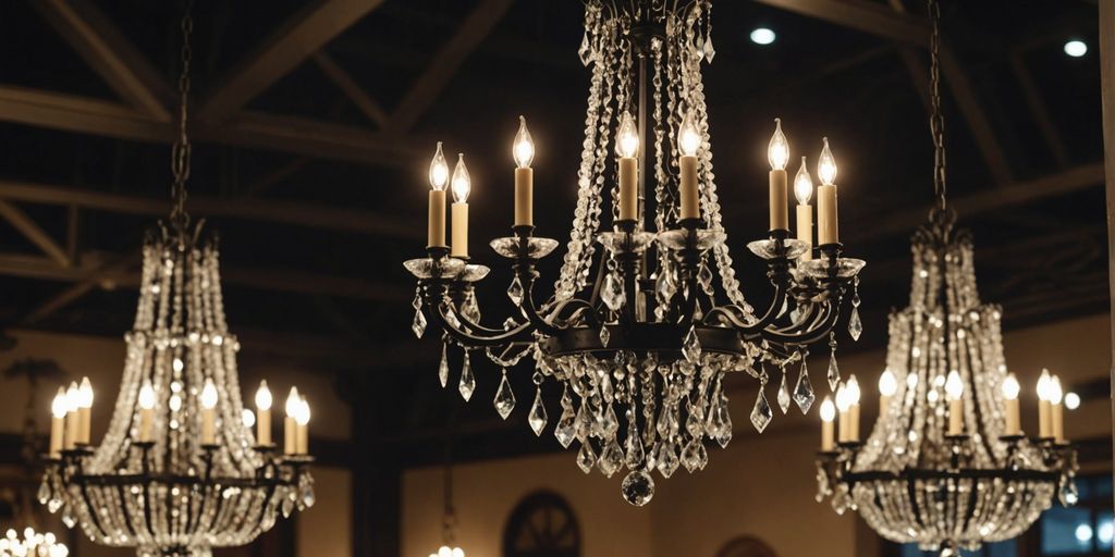 Wrought iron and crystal chandeliers displayed in a showroom.