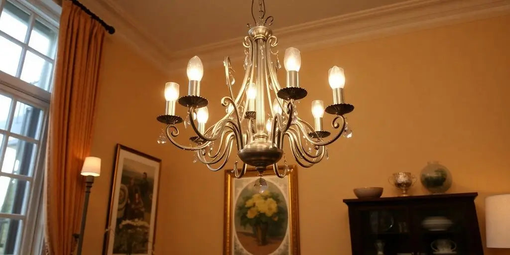 Elegant brushed nickel chandelier in a stylish interior setting.