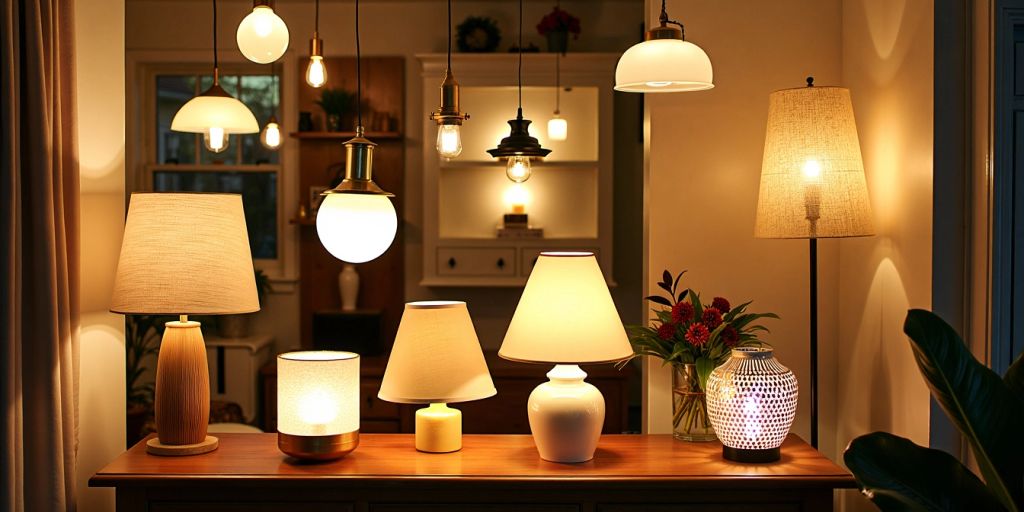 Variety of light fixtures in a cozy room setting.