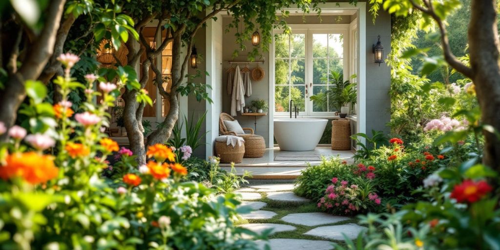 Garden house with bathroom surrounded by lush greenery.