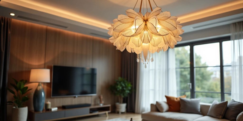 Modern ceiling light fixture in a cozy living room.