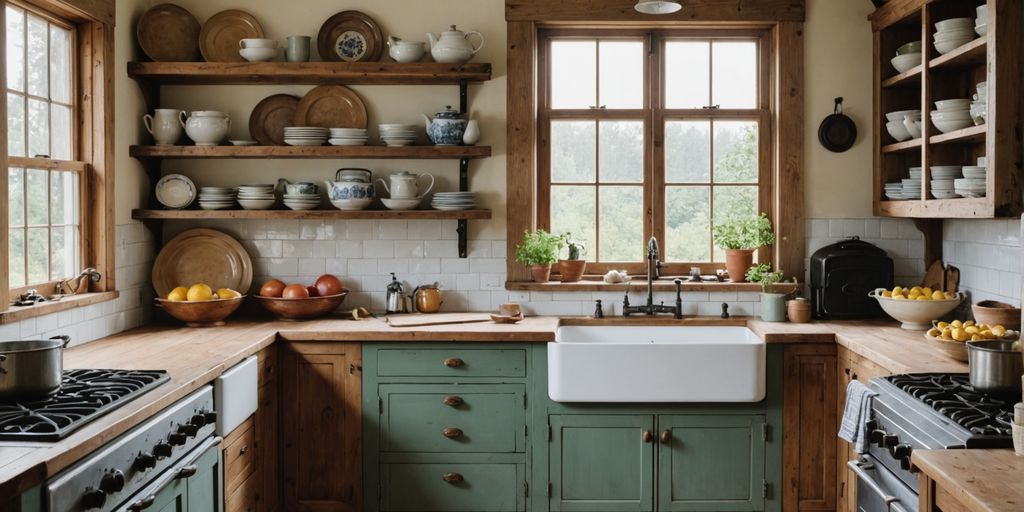 Cozy farmhouse kitchen with rustic wooden cabinets