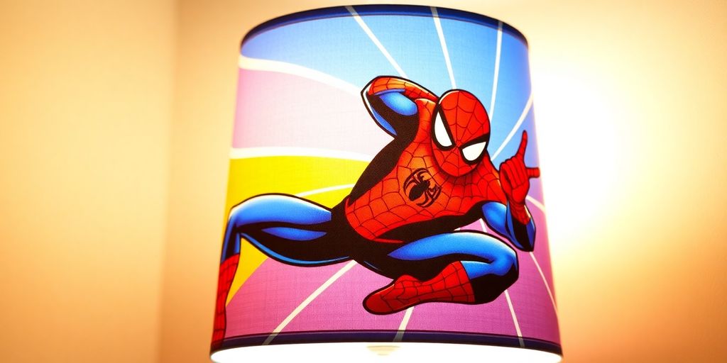 Colorful Spider Man lamp shade illuminating a cozy room.