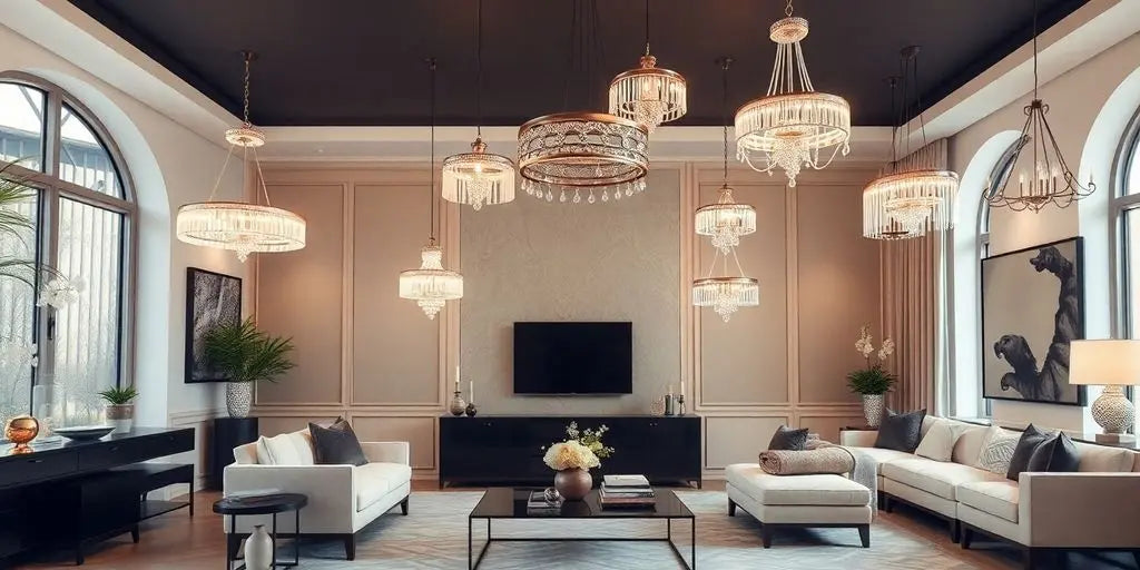 Modern living room with elegant chandeliers illuminating the space.