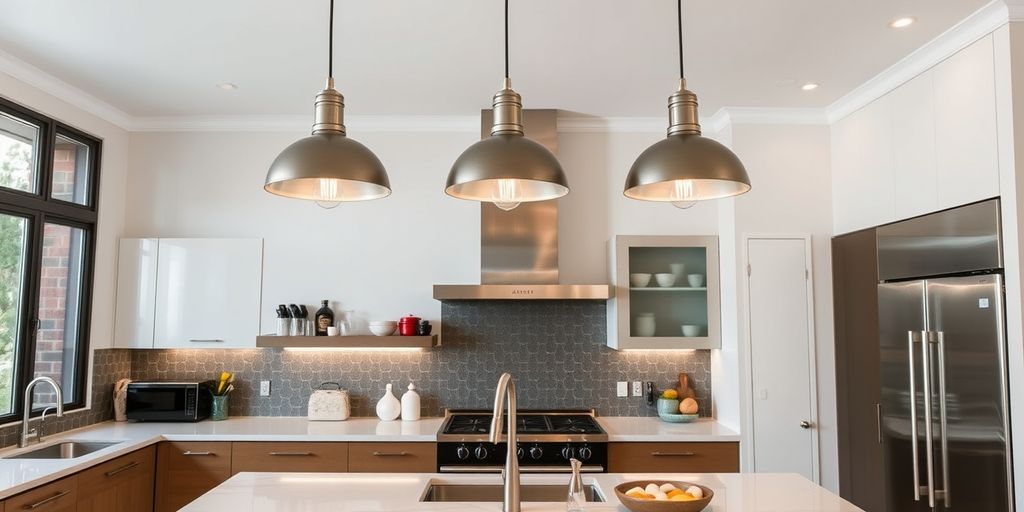 Industrial pendant lights in modern kitchen