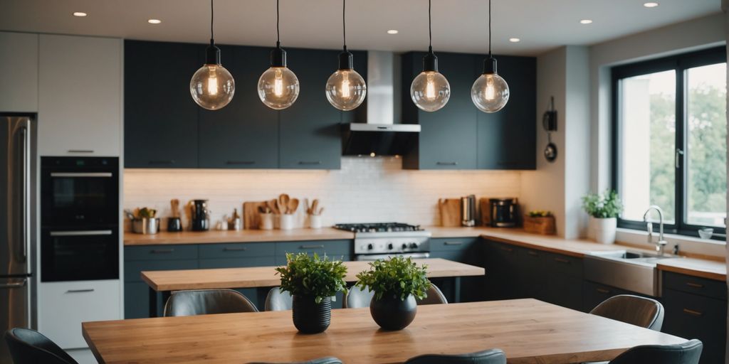 Pendant lights illuminating a contemporary kitchen island.