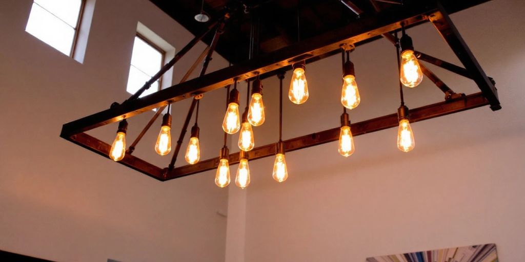 Industrial chandelier with exposed bulbs in modern decor.