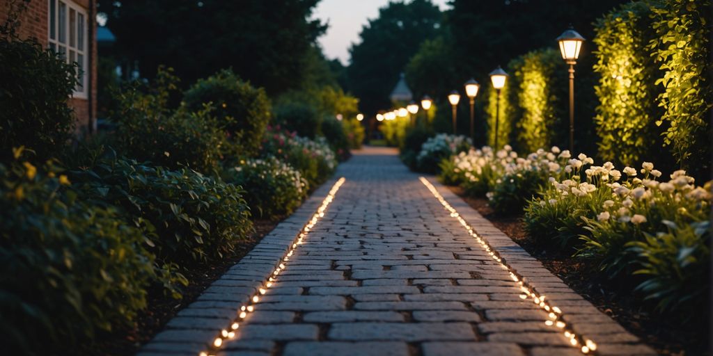 Garden path illuminated by low voltage lights at dusk