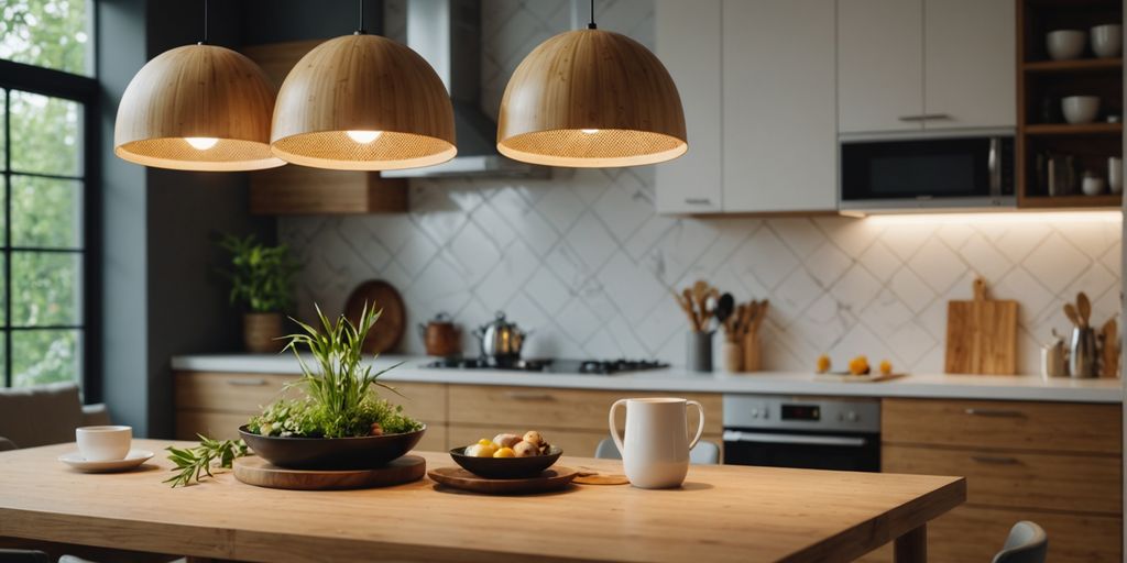 Bamboo pendant lights hanging in stylish kitchen interior.