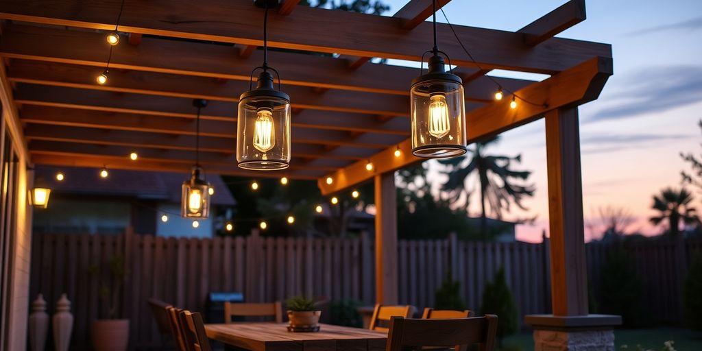 Outdoor patio with waterproof pendant lights at dusk.