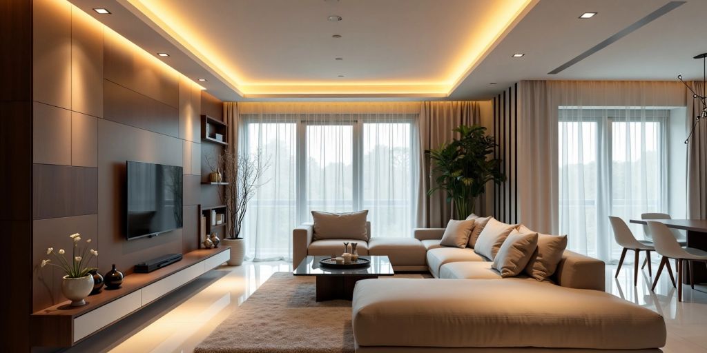 Modern living room with sleek ceiling lights