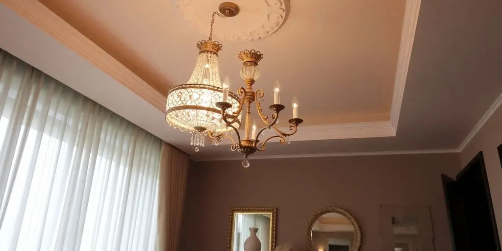 Elegant chandelier illuminating a stylishly decorated room.