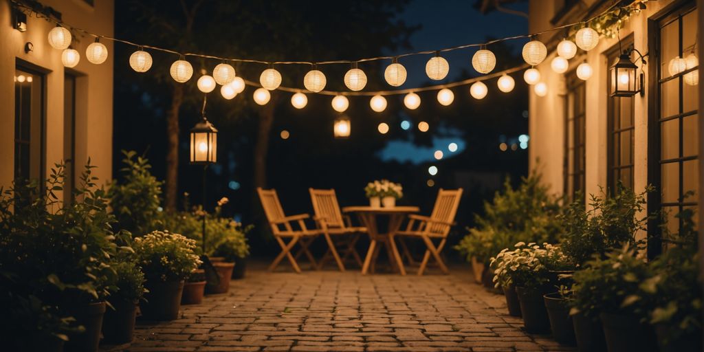 Small garden illuminated by string lights and lanterns at night.