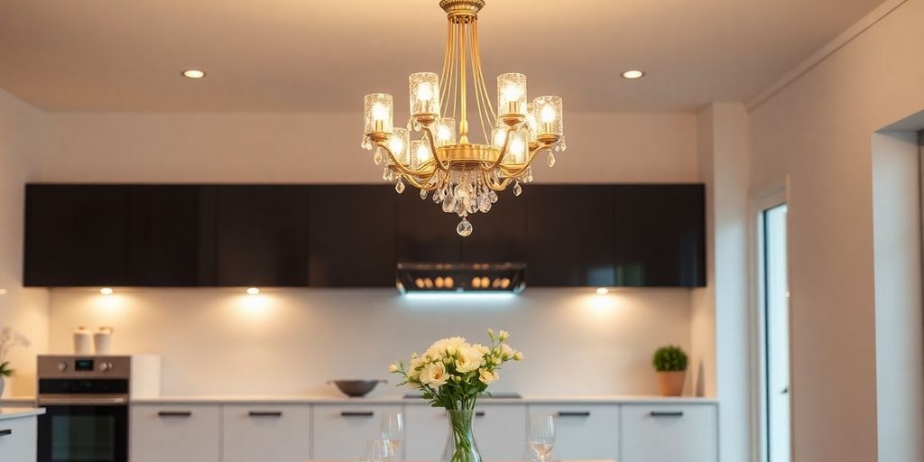 Elegant kitchen chandelier illuminating a stylish dining area.