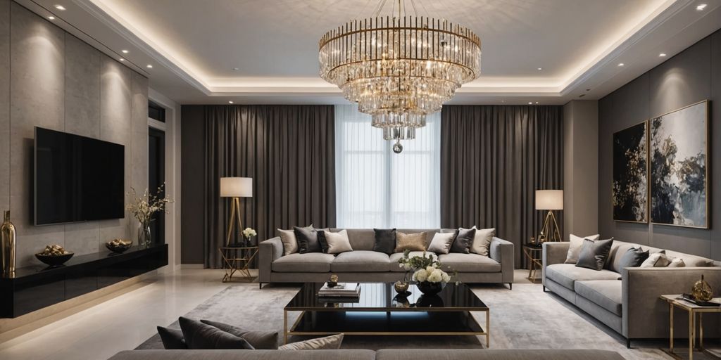 Luxurious modern living room with grand chandelier.