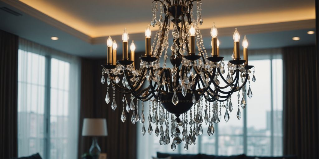 Modern living room with an elegant crystal chandelier