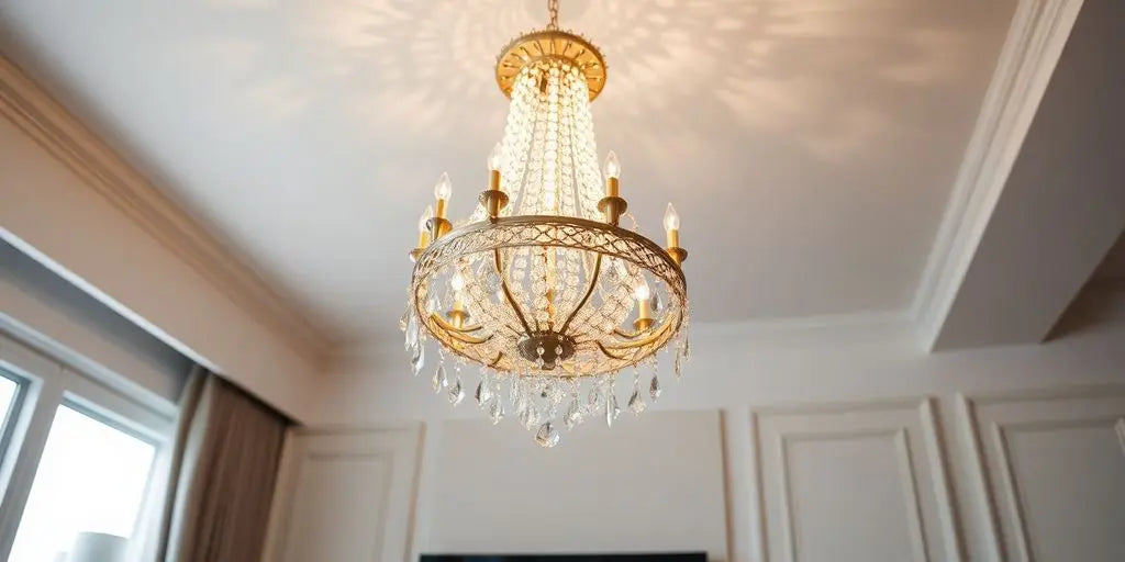 Elegant hanging chandelier light fixture in a cozy room.