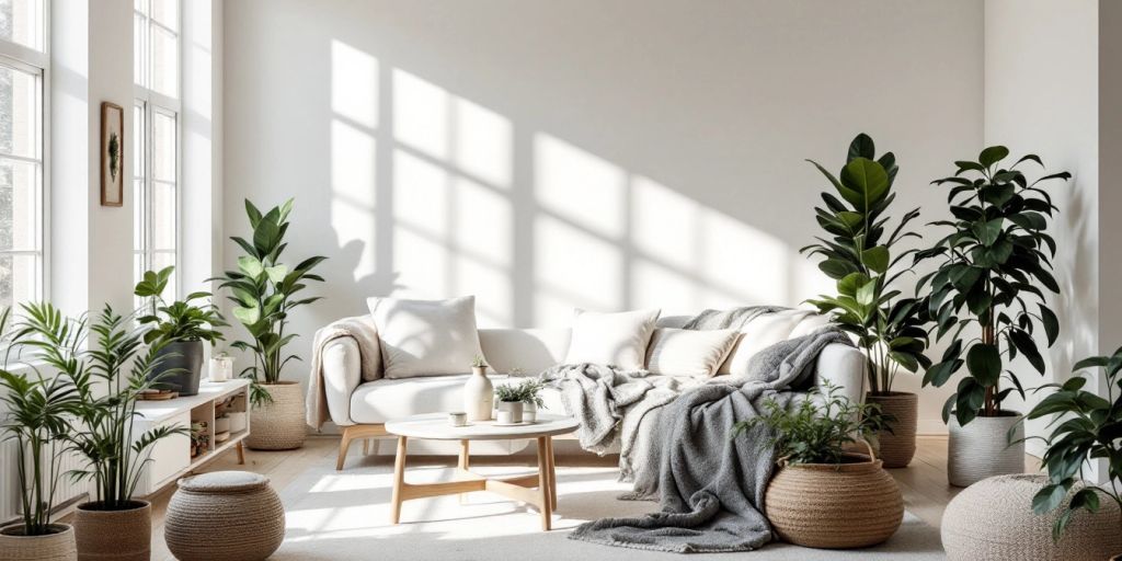 Scandinavian living room with minimalist decor and plants.