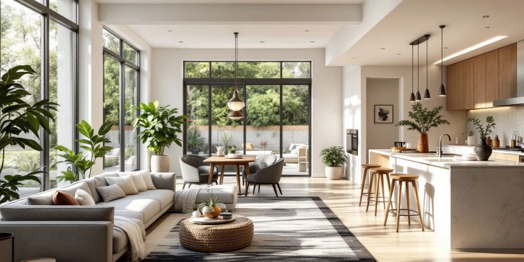 Open-plan living area with modern furniture and natural light.