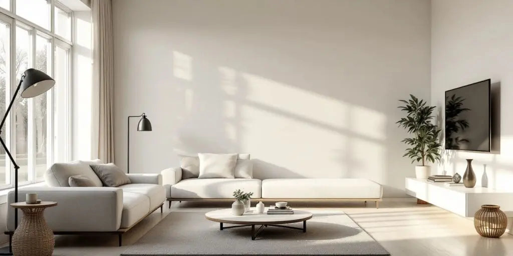 Minimalist living room with neutral tones and natural light.