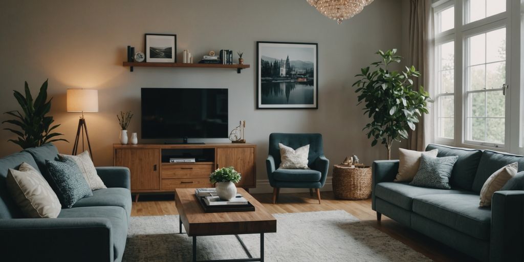 Living room with modern furniture and decor setup.