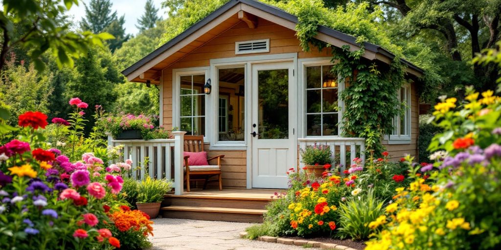 Cozy insulated garden house surrounded by lush greenery.