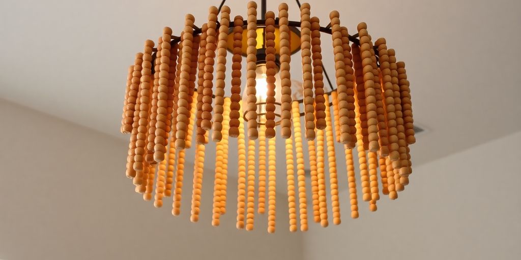 Elegant wood bead chandelier creating a cozy ambiance.