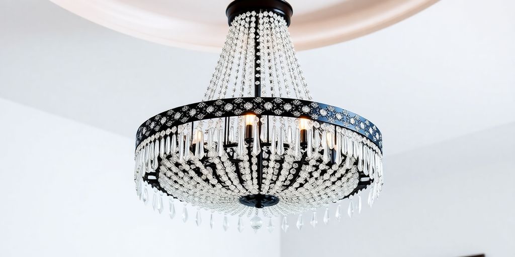 Black round crystal chandelier with sparkling details.