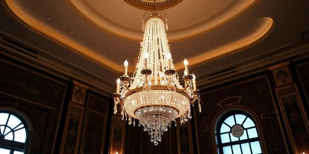 Large chandelier in a grand, elegantly decorated room.