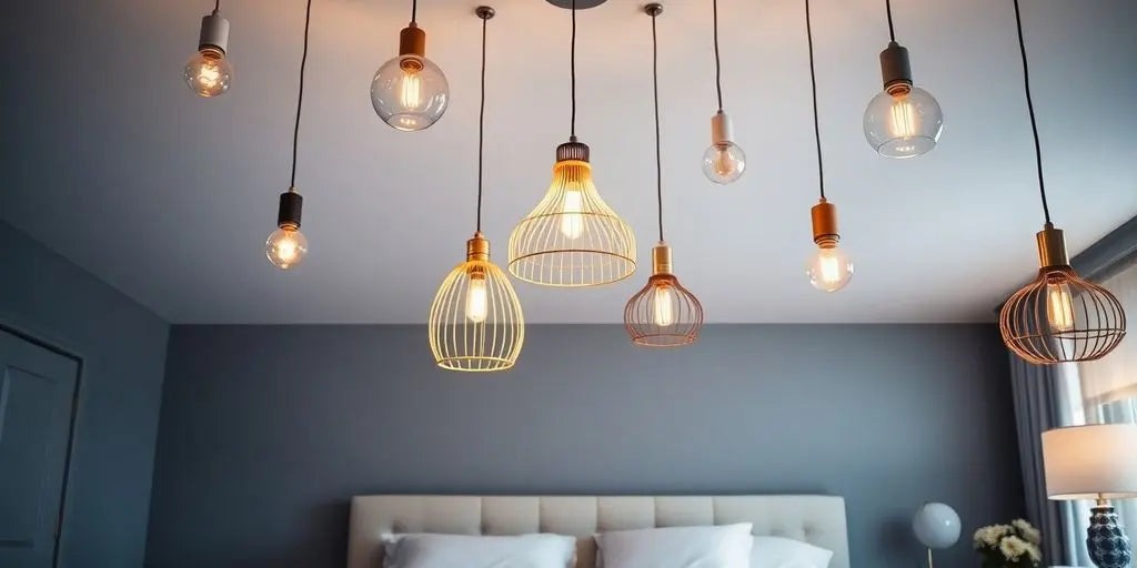 Unique hanging lights illuminating a stylish bedroom ceiling.