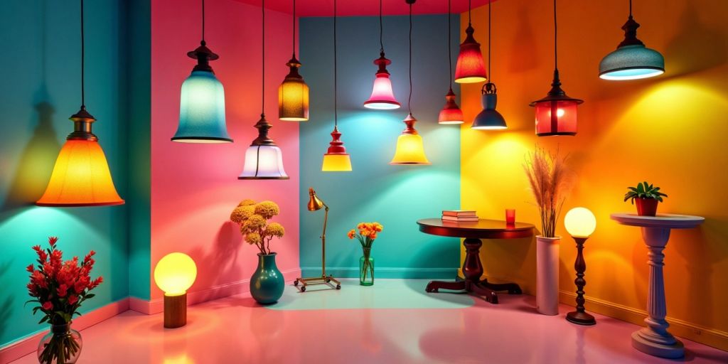 Colorful lighting fixtures in a stylish interior space.