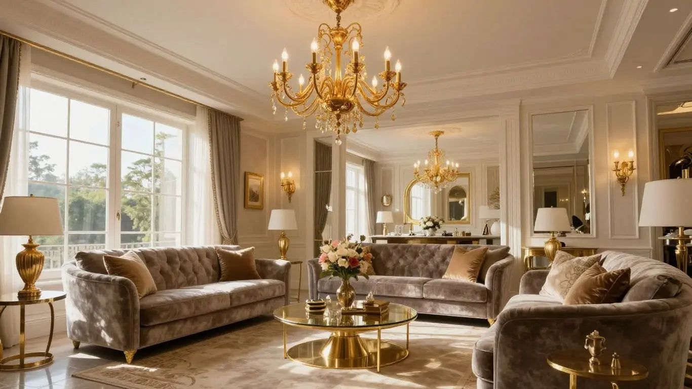 Elegant gold ceiling light fixture in a modern living room.