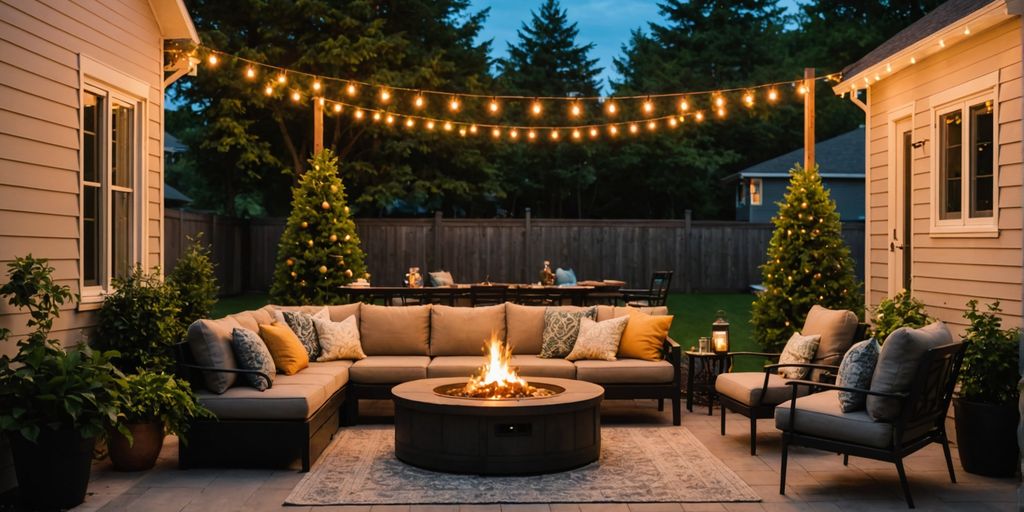 Cozy patio with string lights at dusk