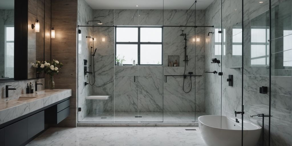 Sleek walk-in shower with glass doors and marble tiles.