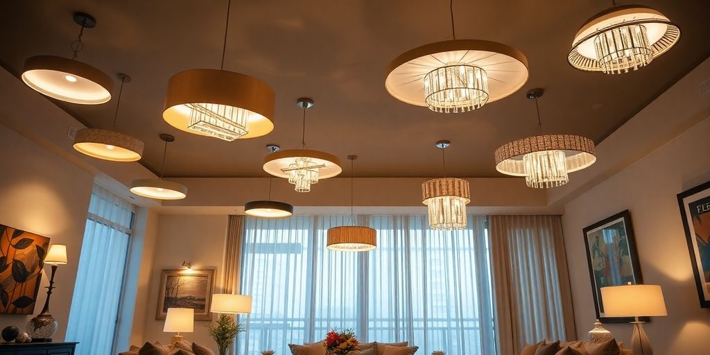 Designer ceiling lamps brightening a stylish modern living room.