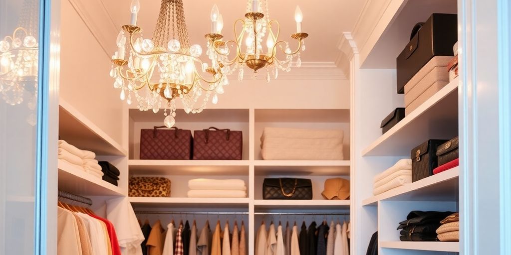 Small closet with elegant chandeliers and organized clothing.