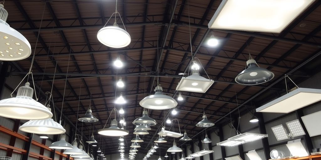 Industrial warehouse with various lights on display