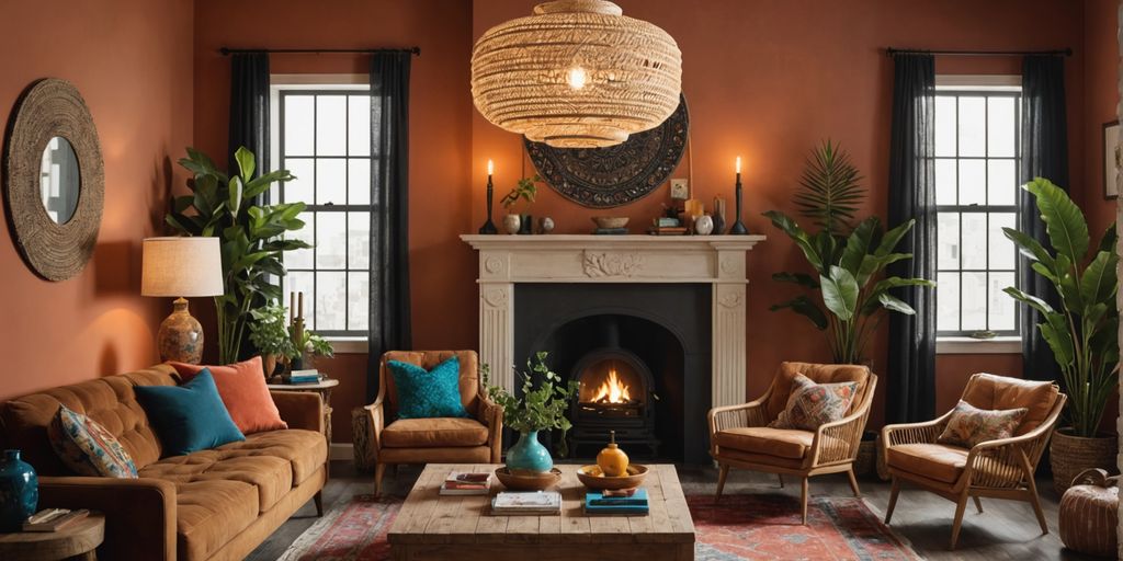 Boho pendant light in cozy living room