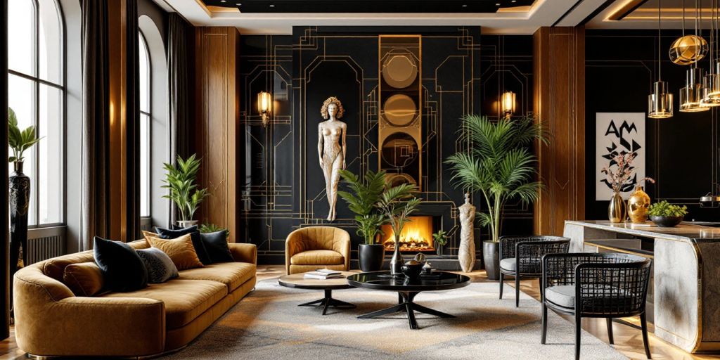 Art Deco home interior with geometric patterns and rich colors.