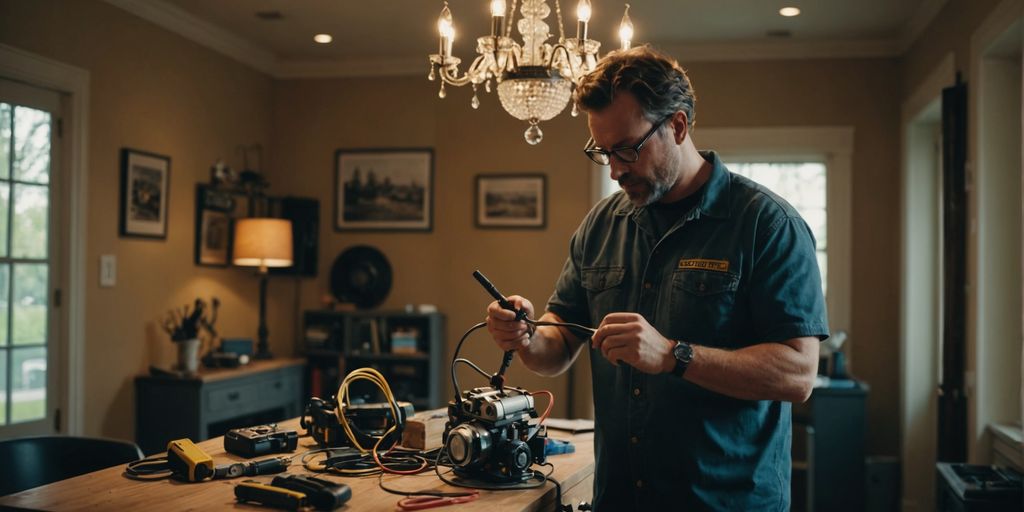 Homeowner wiring chandelier with tools and safety gear