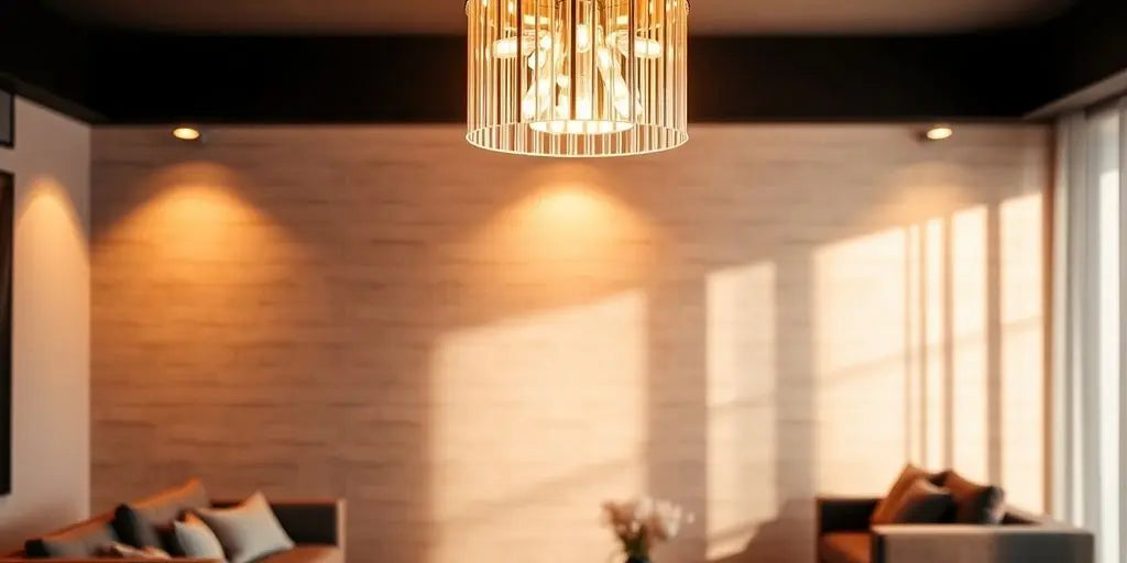 Modern light fixture illuminating a stylish living room.