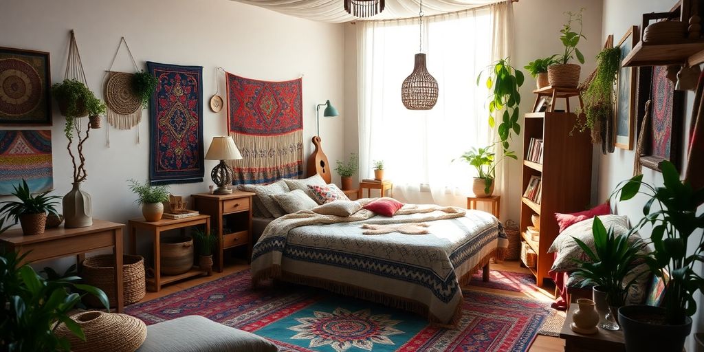 Cozy boho bedroom with vibrant textiles and decor.