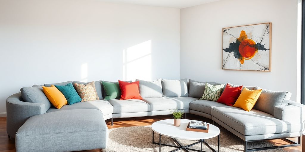 Modern living room with gray sofa and colorful pillows