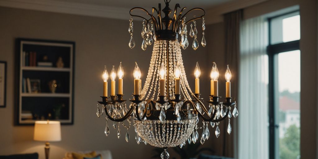 Modern chandelier lighting up a stylish living room.