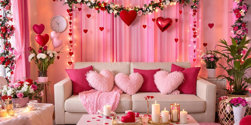 Cozy living room decorated for Valentine's Day.